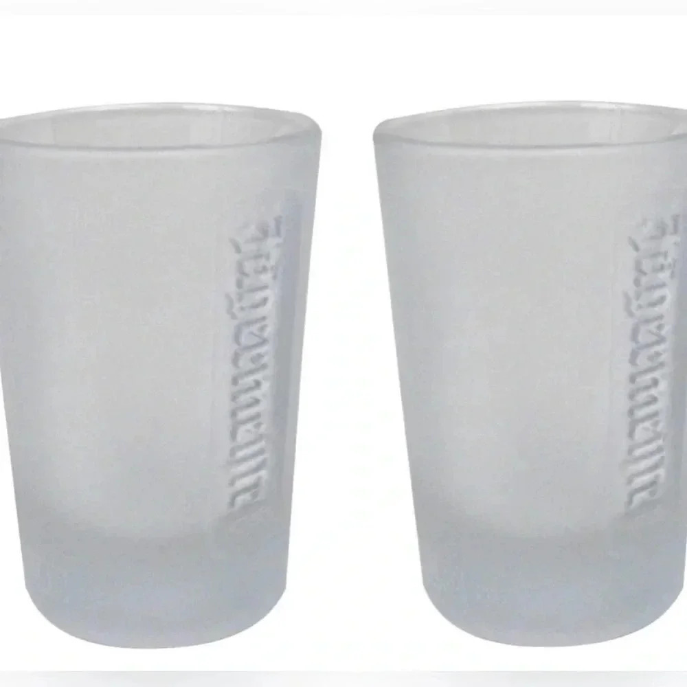 Vintage Jagermeister 2CL Embossed Frosted Jager Logo Deer Shot Glass X 2 EUC